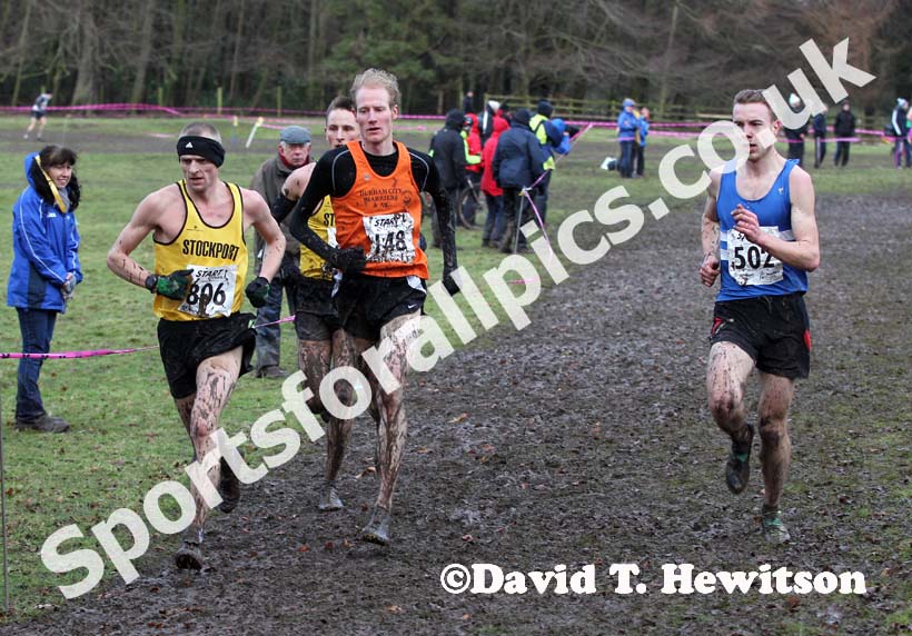 Andrew Jones leads Jack Martin (both Stockport), Dan Garbutt (Durham City) and Nick Swinburn (Morpeth) during the senior mens Northern Cross Country Champs, Knowsley Safari Park. Photo: David T. Hewitson/Sports for All Pics